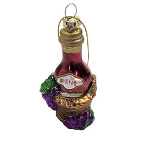 Red Blown Glass Wine Bottle in Grape Basket Winery Hanging Christmas Ornament